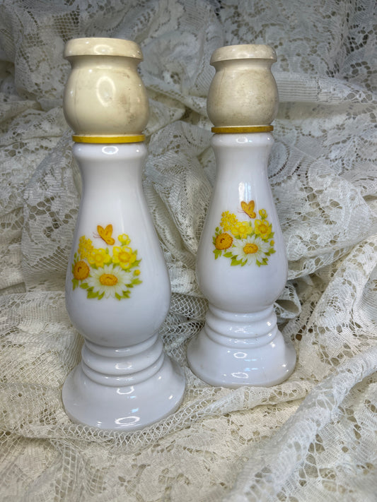 Vintage Avon Milk glass set of Buttercup Candlesticks