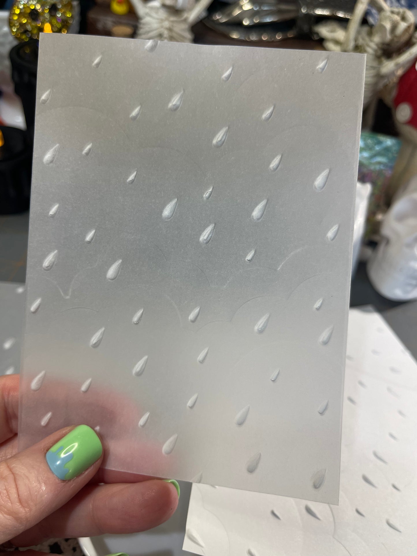 Cloud and rain, embossed card stock and Vellum