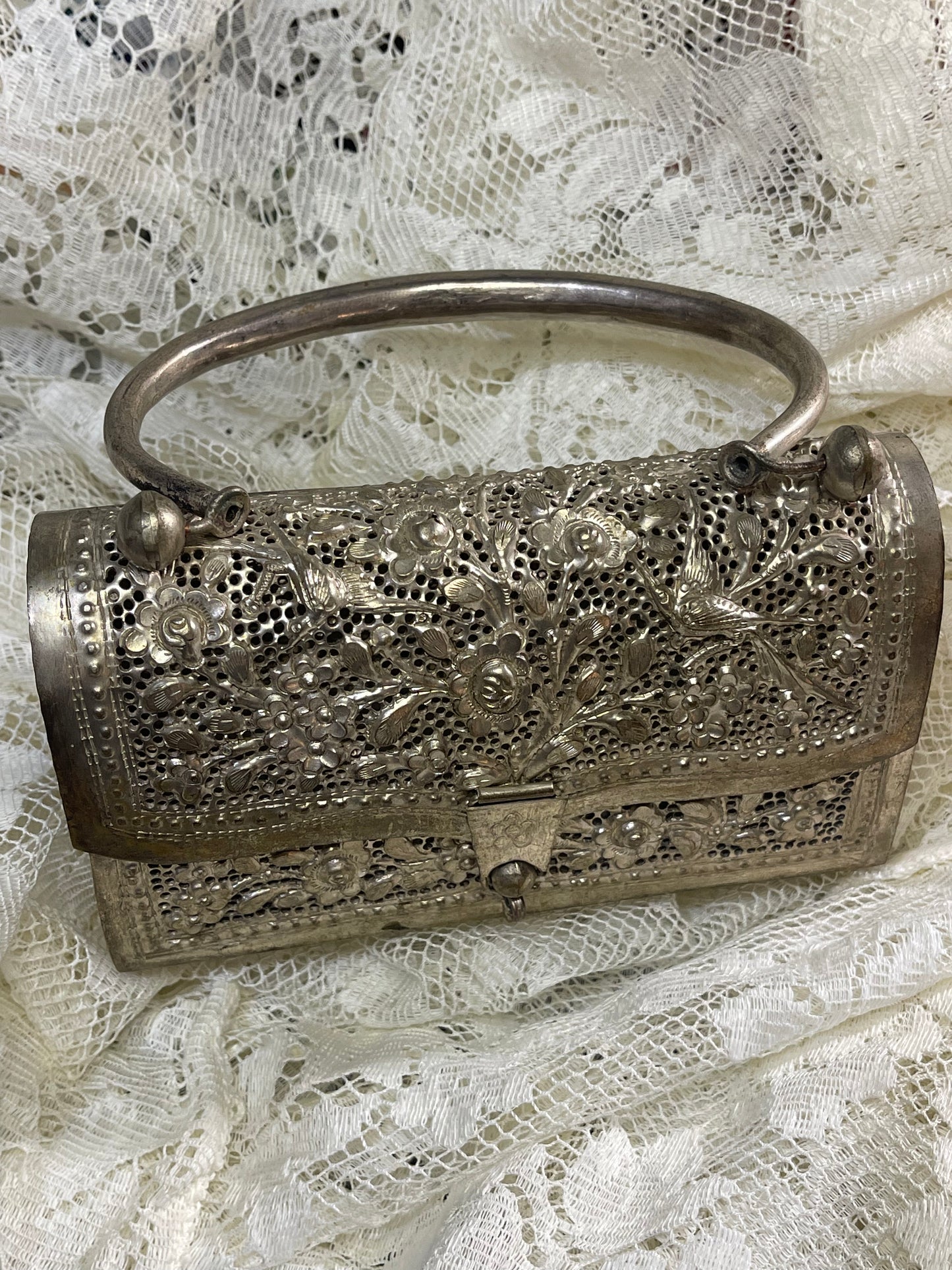 Vintage hand pierced oriental purse with handle