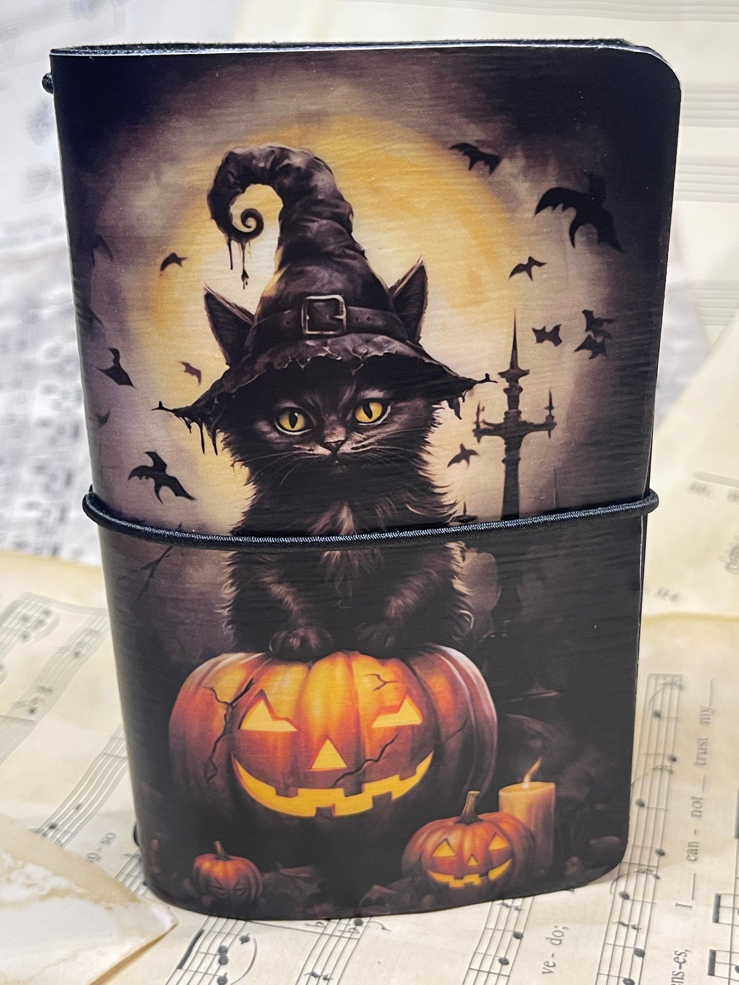 Cat in a hat with witch handmade Journal